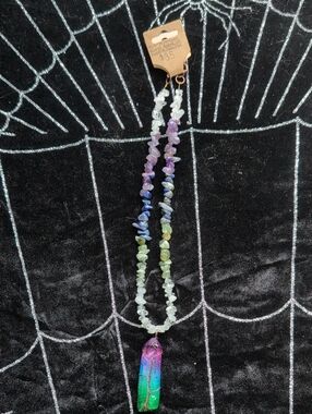 Handmade Multicolor Crystal Chip Necklace with Green-Purple Blue Pendant